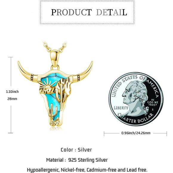 Western Necklace 925 Sterling Silver Turquoise Pendant Highland Cow/Cow Skull/Ha - Picture 4 of 7
